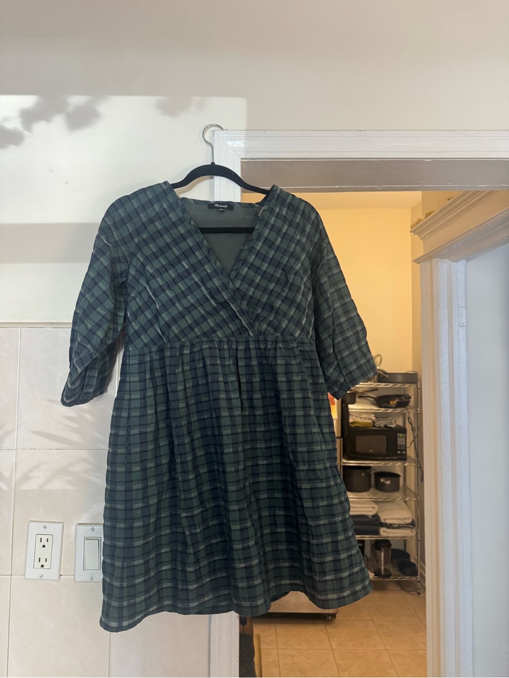 Madewell Green Plaid V-Neck Tiered Dress
